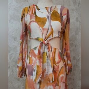 Petal & Pup Abstract Cutout Midi Dress Tie Front Long Sleeve Boho Resort L
